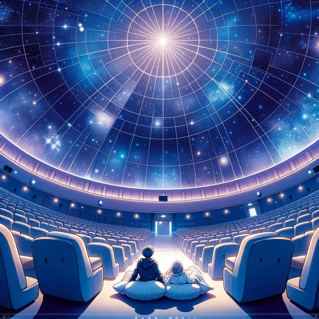 An anime-style illustration of a scene inside a planetarium at Tokyo Skytree. The setting features a vast, star-filled dome with a soothing blue and purple color palette, creating a calm and serene atmosphere. In the center, two reclining figures are seated in a crescent-shaped premium seat, known as the 'Mikazuki Seat,' which is plush and cozy. The characters are looking up at the stars with awe, surrounded by soft lighting. The background shows elements of Tokyo Skytree, subtly blended into the design. The overall feel is immersive, relaxing, and magical.